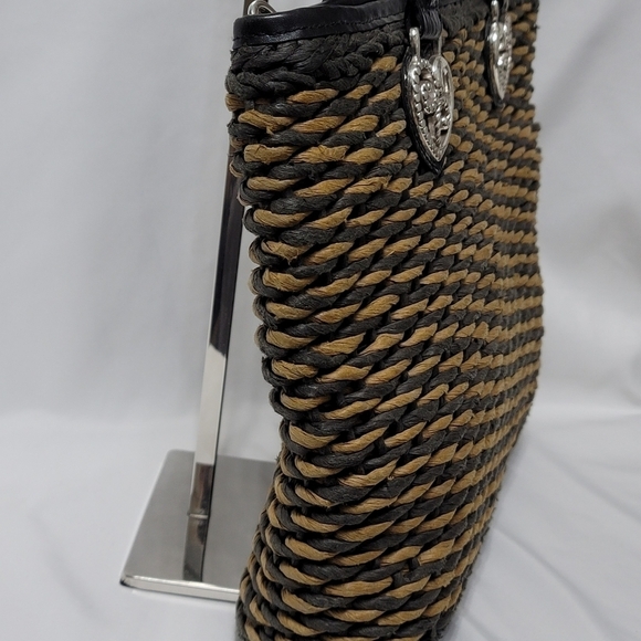 Vintage Brighton Raffia Straw Leather Trim Shoulder Bag - Black & Tan - Picture 6 of 16